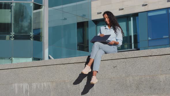 Successful Business Woman Girl Student Sitting City Building Skyscraper Modern Creative Company