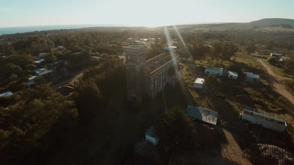 Aerial view of ruined, abandoned church