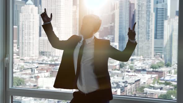 Happy Young Excited Businessman Dancing Cheerful Celebrating Success