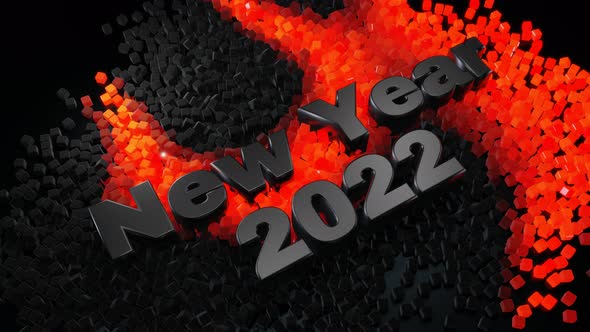 3D New Year's Looped Background with Inscription New Year and Garland Cubes Scattered on Plane Light
