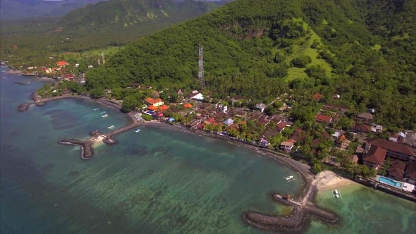 Aerial view of the beautiful bay in Candidasa Beach, Bali, Indonesia