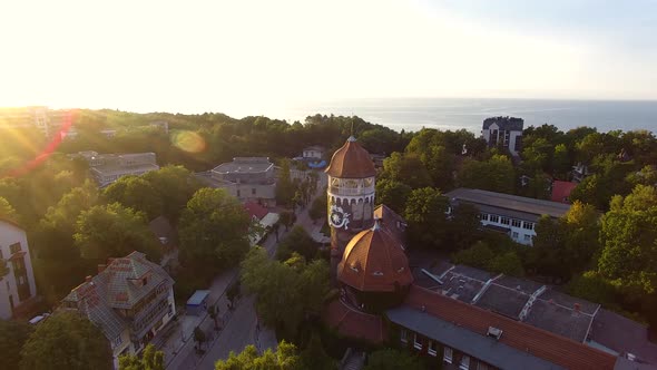 Top view of the Water Tower of Svetlogorsk in sunset