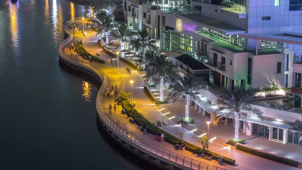Water Canal on Dubai Marina Skyline at Night Timelapse