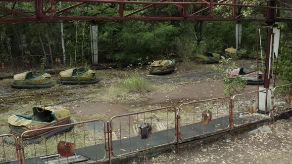 Drone View of an Abandoned Amusement Park in Pripyat Ghost Town Exclusion Zone of Chernobyl Ukraine