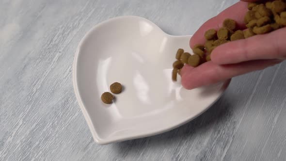 Dry cat food drops from your hand into a white bowl