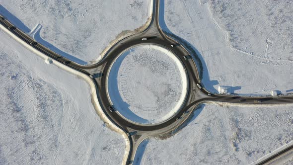 Traffic Circle Road Sunny Winter Aerial Drone Rotation