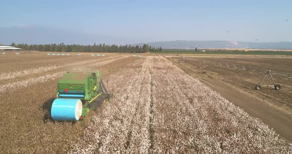 Aerial view of combine picking cotton, Kibbutz Saar, Mate Asher, Israel.