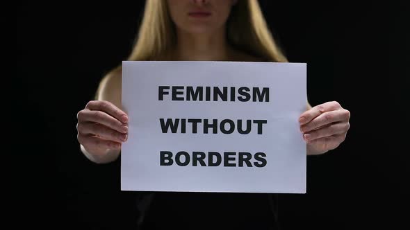 Lady Holding Feminism Without Border Sign, Equal Women Social Rights Stop Sexism