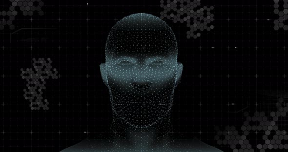 Human head model spinning against data processing on black background alt