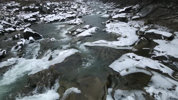 Aerial View Mountain River In The Carpathians In Winter Ukraine