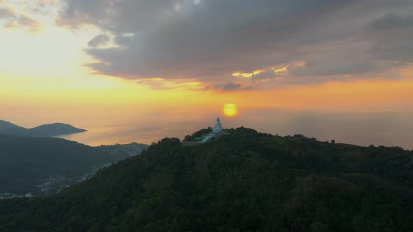 Aerial View of White Big Buddha Statue Temple on Hilltop Phuket Thailand