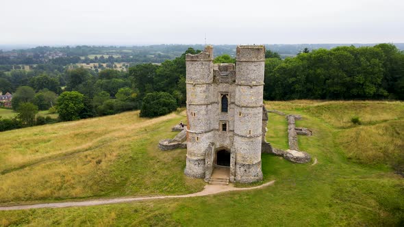 Donnington medieval castle on green hill, Berkshire county, UK. Aerial panoramic view