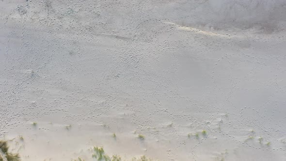 AERIAL: Top View Ascending Shot of Deserted Sandy Beach on a Lovely Evening