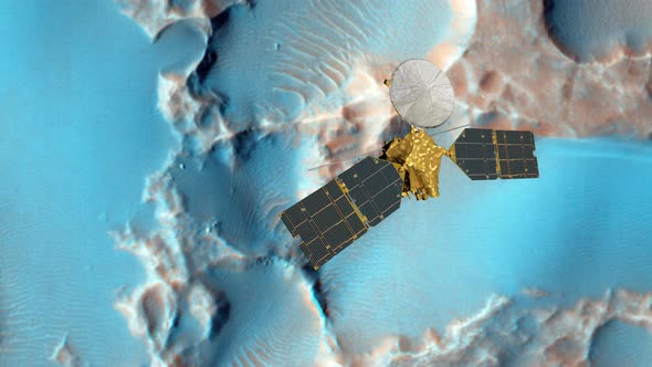 Mars Reconnaissance Orbiter, MRO Orbiting Mars. Mars Planet Rotating in the Outer space.Traveling To alt