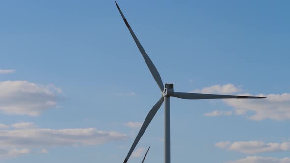 Windmills for Electric Power Production in the Meadow. Group of Windmills for Renewable Electric