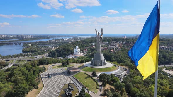 Kyiv - National Flag of Ukraine By Day. Aerial View. Kiev