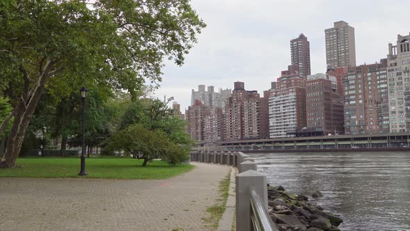 Upper East Side Buildings and Roosevelt Island waterfront view, New York City