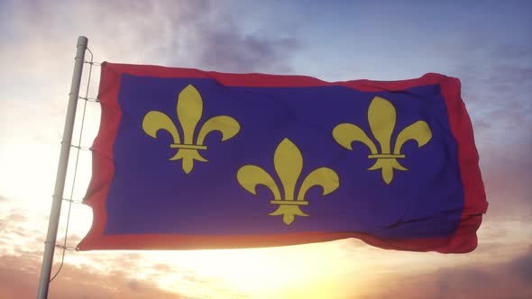 Anjou flag, France, waving in the wind, sky and sun background
