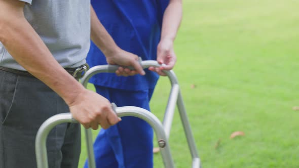 Close up of doctor serve physical therapy for older patient to exercise and practice walk in park.