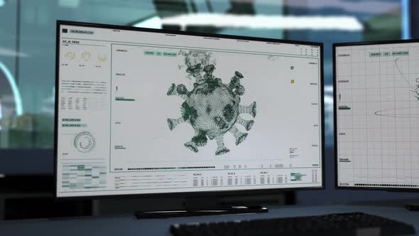 Inside a diagnostic laboratory. Data and images of Coronavirus structure. UI alt