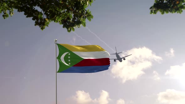 Comoros Flag With Airplane And City -3D rendering