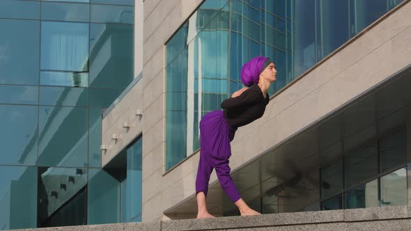 Full Length View Muslim Islamic Girl Young Woman Flexible Lady Female in Hijab Stand on City