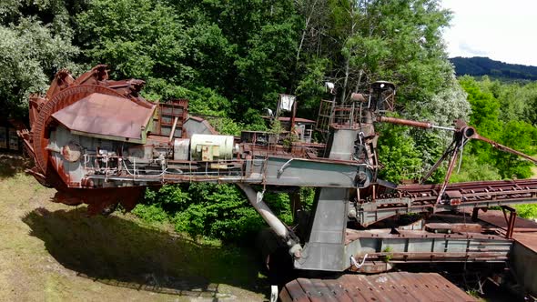 Abandoned bucket wheel excavator drone video