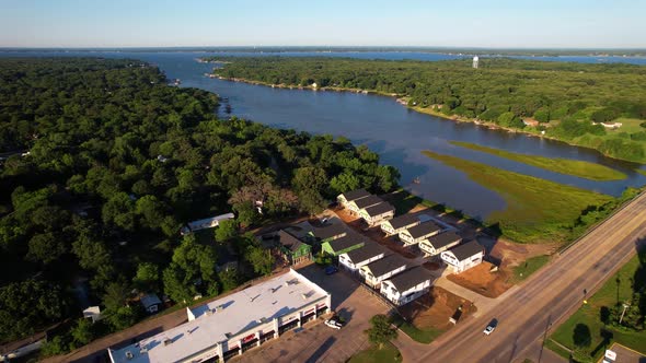 Aerial footage of Cedar Creek Lake in Texas.  Camera is heading south from Gun Barrel City.