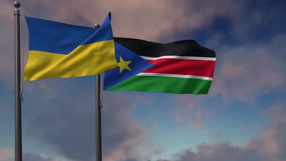South Sudan Flag Waving Along With The National Flag Of The Ukraine  4K