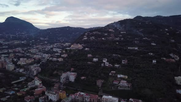 Drone view of the coastal town of Sorrento in Italy, a beautiful landscape of houses near the bay of