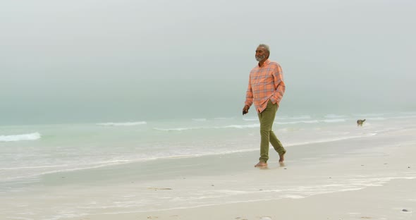 Side view of active senior African American man with hand in pocket walking on the beach 4k