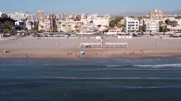 Aerial view of Playa de Muchavista, El Campello, Spain. Tramway passing. Mediterranean coast.