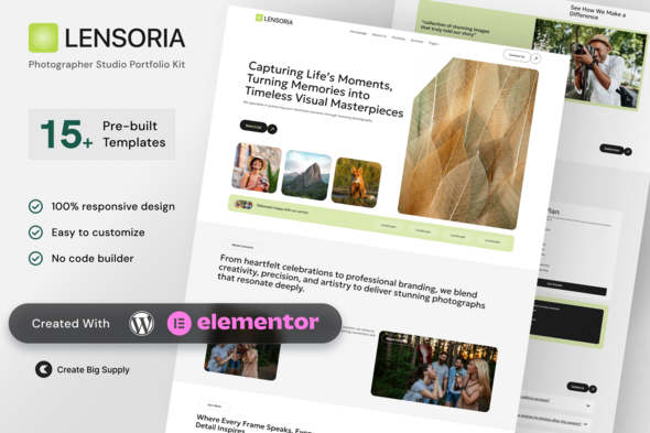Lensoria Photographer Studio Elementor Template Kit for Photography Portfolios and Creative Studios