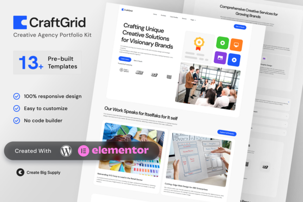 CraftGrid Creative Agency Portfolio Elementor Template Kit for Studios, Designers, Branding Agencies