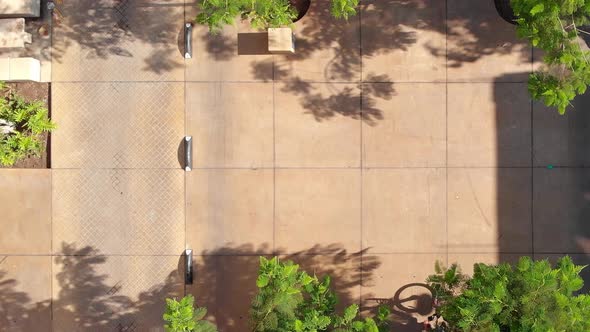 People cycling on streets in a residential area - top down aerial view with green tree branches