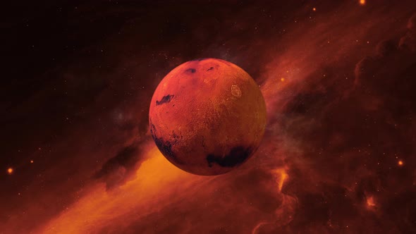 Mars in space with epic red background of universe. Mars slowly rotating in solar system. Red planet