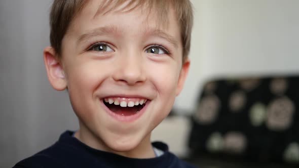 Cute Little Boy Laughs While Looking at the Camera. Emotions of Children. Close Up.