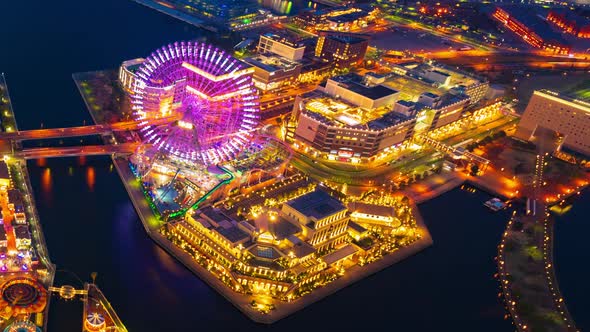 day to night time lapse of Yokohama harbor at Minato Mirai waterfront district, japan