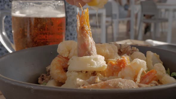 Seafood tempura dish in outdoor restaurant