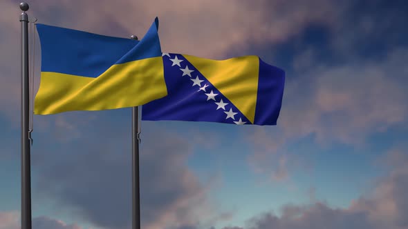 Bosnia And Herzegovina Flag Waving Along With The National Flag Of The Ukraine - 4K