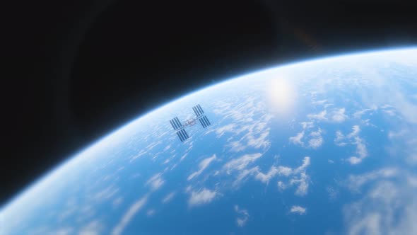 Animation of the International Space Station ISS Floating in Orbit Above Planet Earth in Outer Space