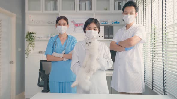 Portrait group of veterinarian doctorand assistant wear mask work in pet hospital and look at camera