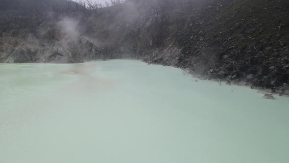 Aerial view of white crater, bandung, Indonesia with foggy weather