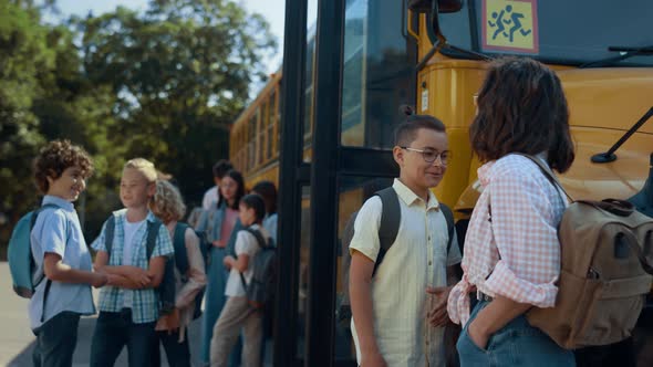 Students Waiting Schoolbus Boarding