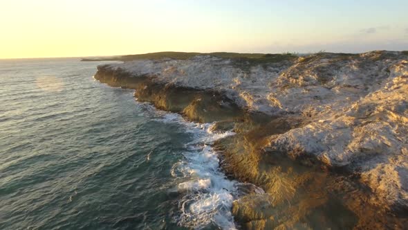 Aerial drone view rocky coastline on a tropical island beach and coast in the Bahamas, Caribbean