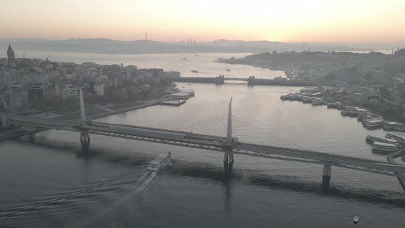 Aerial view of Istanbul Golden horn at Sunrise. 