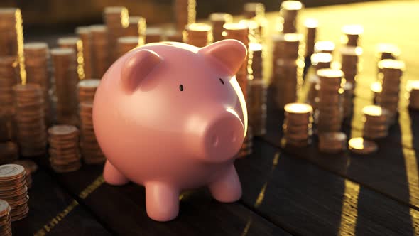 Ceramic piggy bank surrounded by stacks of golden coins during sunset. 4KHD