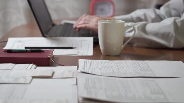 Man Working At Home Office, Spilled Coffee On Documents At Workplace