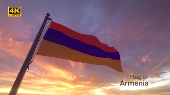 Armenia Flag on a Pole with Sunset / Sunrise Sky Background - 4K