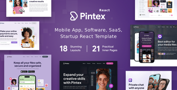 Pintex – Mobile App & Software Landing Page ReactJS Template – 0 Sold!